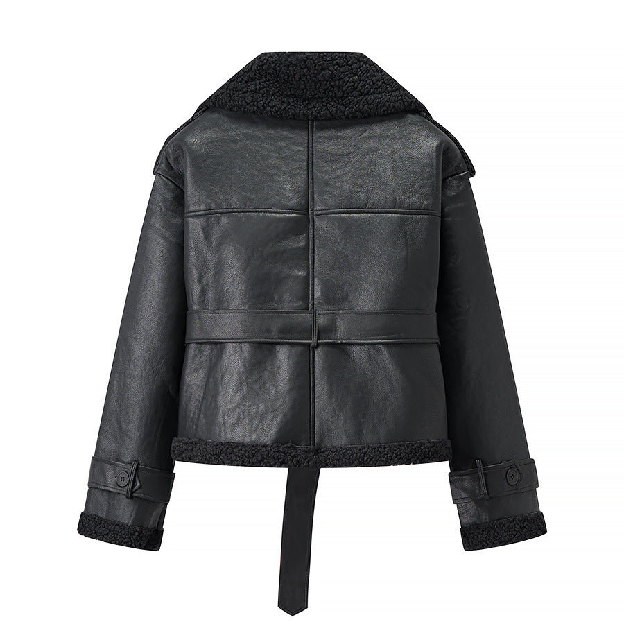 Women's trendy biker jacket with faux fur collar and belt NOVAE