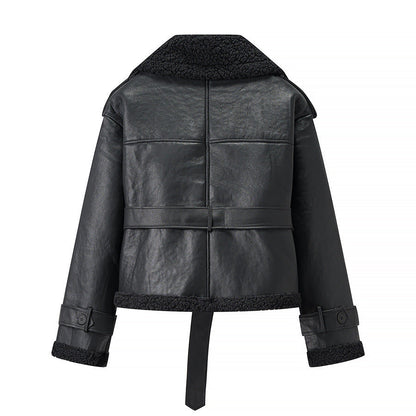 Women's trendy biker jacket with faux fur collar and belt NOVAE