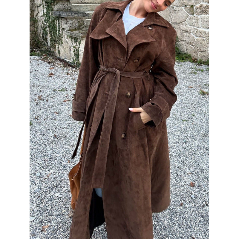 Women's elegant long trench coat made of high-quality suede NOVAE