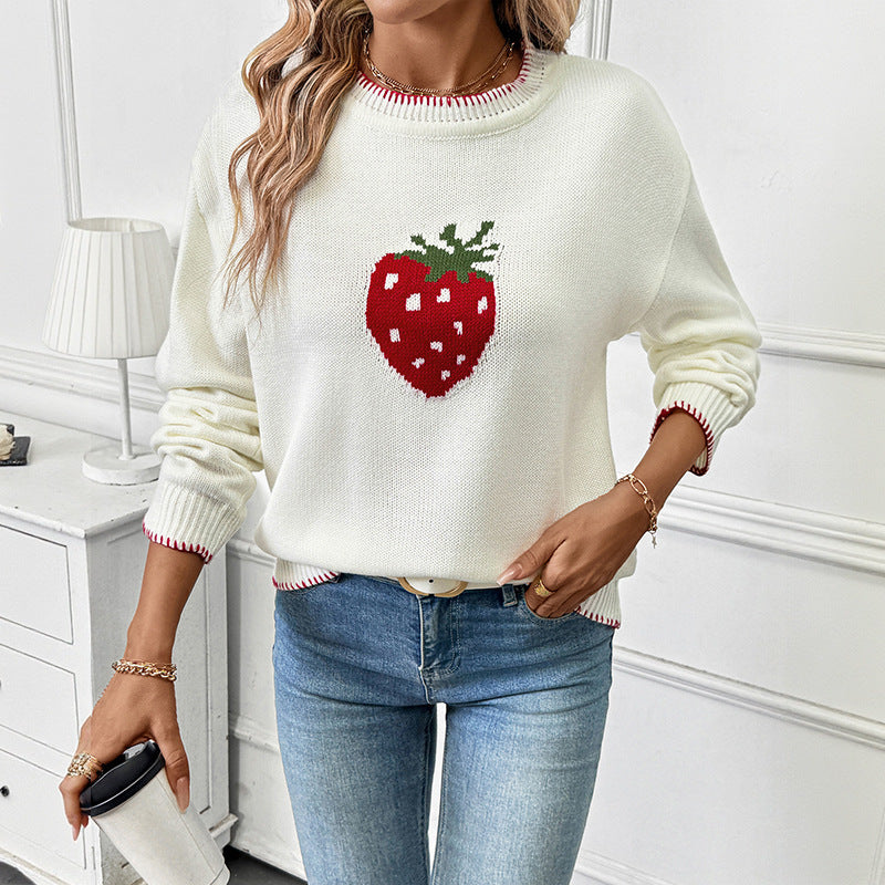 Women's knitted sweater with a fruity strawberry motif and a relaxed fit NOVAE