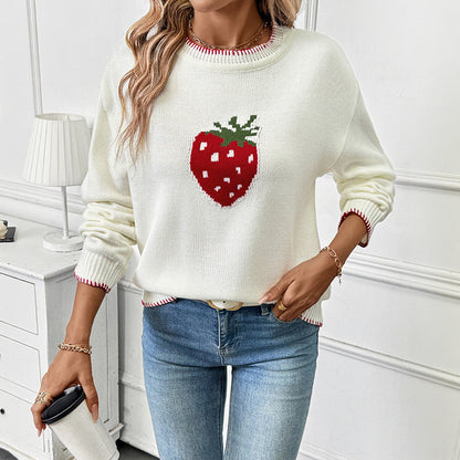 Women's knitted sweater with a fruity strawberry motif and a relaxed fit NOVAE