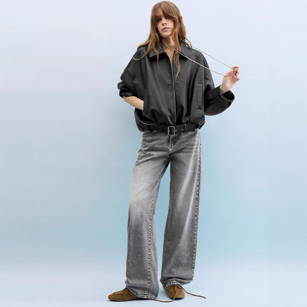 Women's fashionable faux leather jacket with a wide cut and waist belt NOVAE