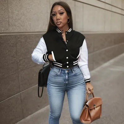 Women's varsity jacket with contrasting sleeves and structured collar NOVAE