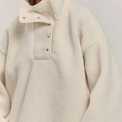 Women's Cozy Oversized Fleece Jacket with Stand-Up Collar and Snap Buttons NOVAE