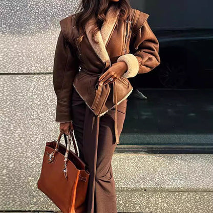 Women's Long Suede Coat with Adjustable Belt and Fashionable Collar NOVAE