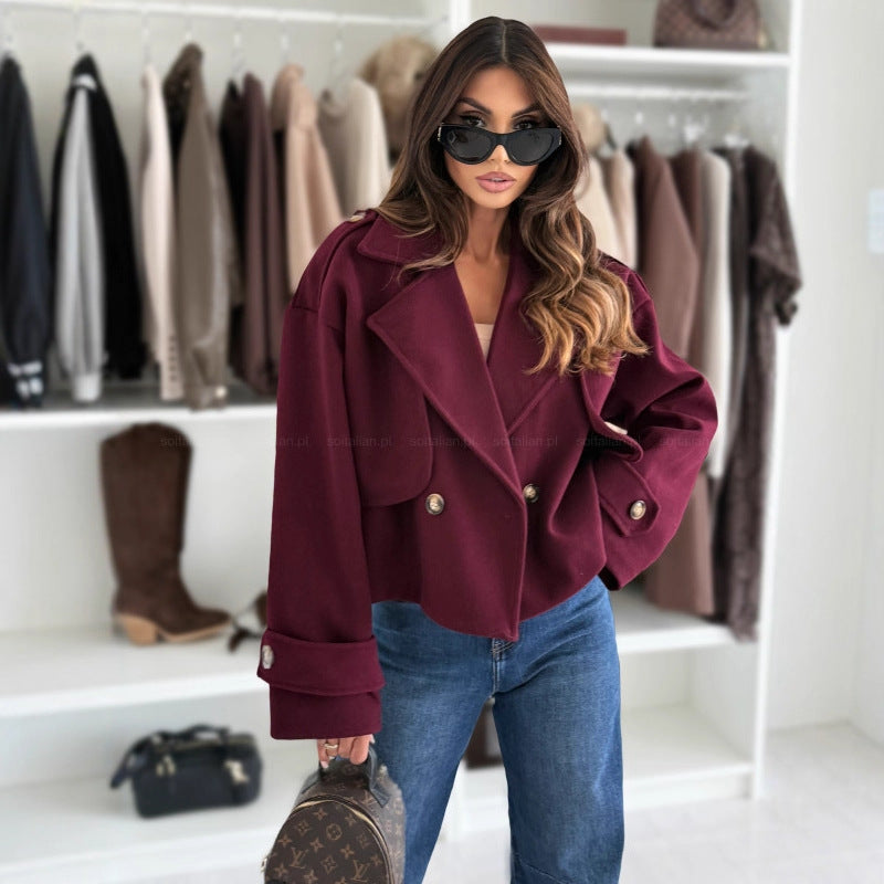 Women's trendy cropped blazer jacket with double button placket and wide lapel NOVAE