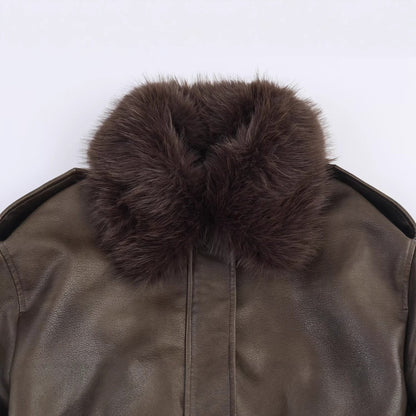 Women's elegant leather jacket with detachable faux fur collar and practical pockets NOVAE