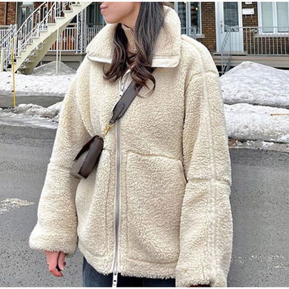 Women's fashionable fleece jacket with practical pockets and stand-up collar NOVAE