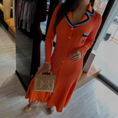 Women's knitted dress with elegant button placket and shirt collar NOVAE