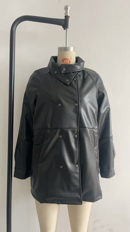 Women's fashionable faux leather jacket with high collar and practical pockets NOVAE