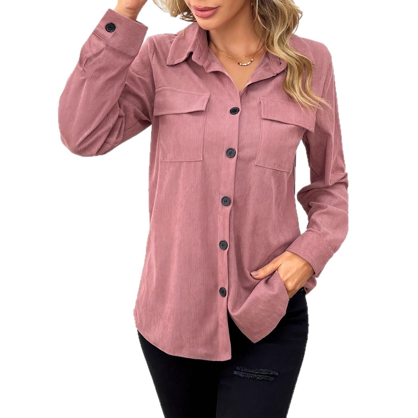 Women's casual corduroy jacket with practical pockets and button closure NOVAE