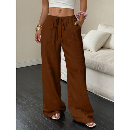 Women's casual and wide-legged leisure trousers with elasticated waistband and tie belt NOVAE