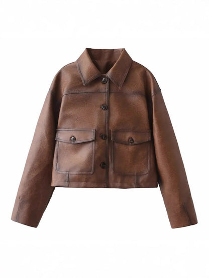 Women's cropped leather jacket with practical chest pockets and button details NOVAE