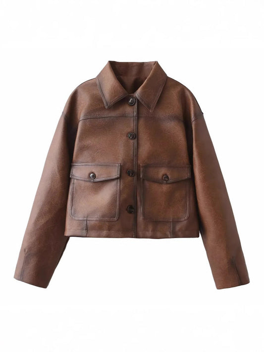 Women's cropped leather jacket with practical chest pockets and button details NOVAE