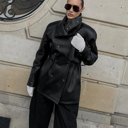 Women's fashionable faux leather jacket with high collar and practical pockets NOVAE