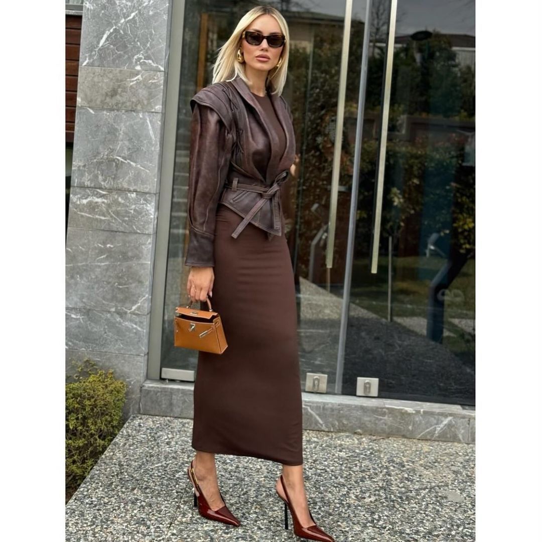 Women's stylish faux leather jacket with draping and adjustable belt NOVAE