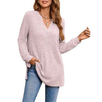 Women's Loose Knit Tunic with Side Pockets and V-Neck NOVAE