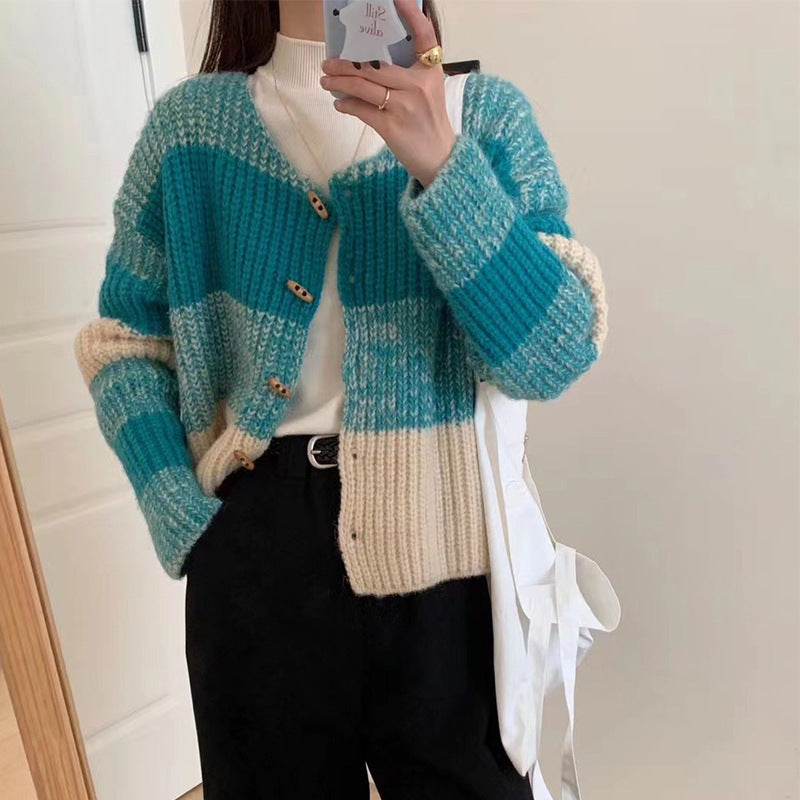 Women's cardigan with elastic rib design and wooden buttons NOVAE