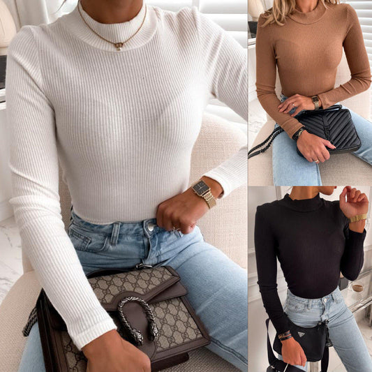 Women's long-sleeved top with structured ribbed texture and high-necked collar NOVAE