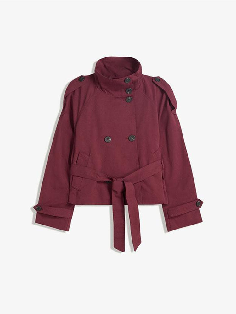 Women's fashionable trench jacket with waist belt and stand-up collar NOVAE