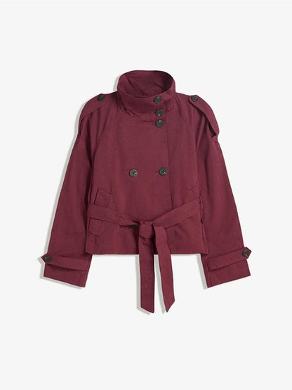 Women's fashionable trench jacket with waist belt and stand-up collar NOVAE