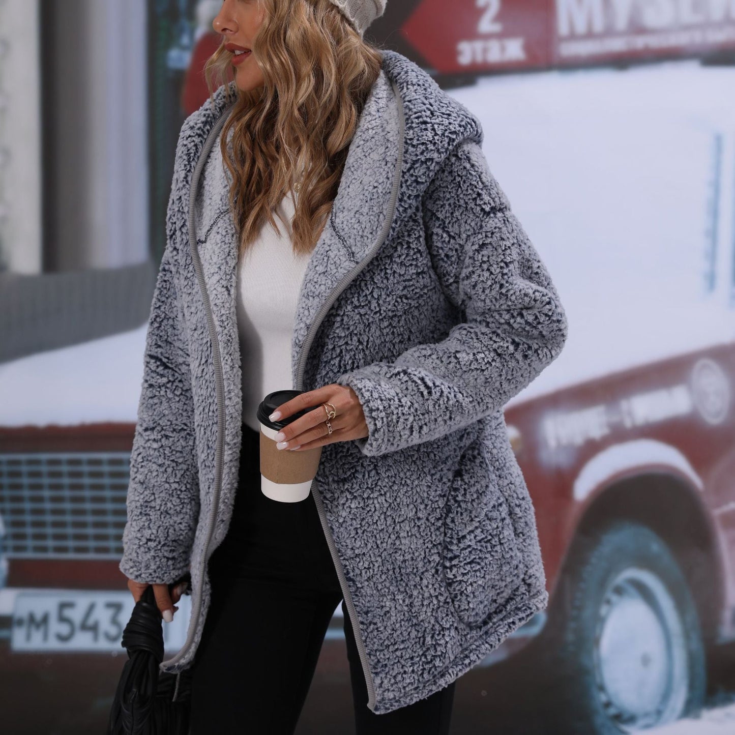 Women's Cozy Oversized Jacket with High Collar and Large Pockets NOVAE