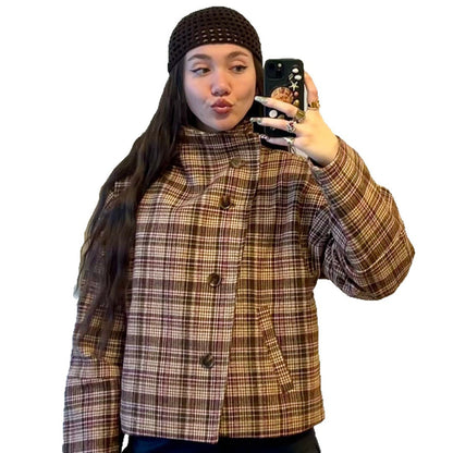 Women's Checkered Oversized Jacket with High Collar and Unique Button Placket NOVAE