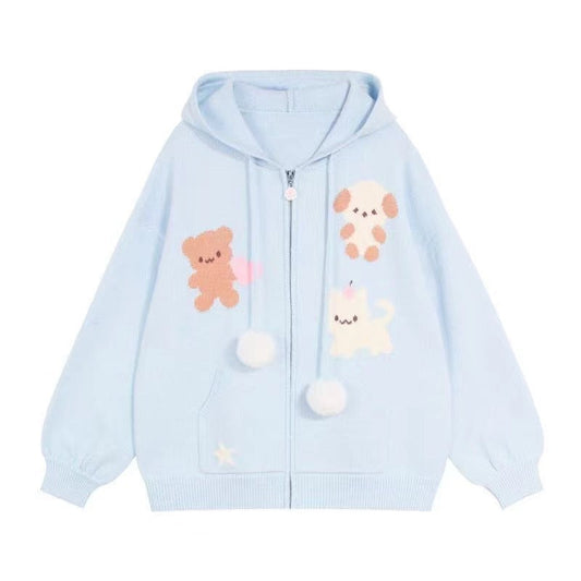 Women's hooded jacket with playful animal motifs and pompoms NOVAE