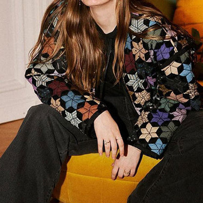 Women's transitional jacket with colorful geometric pattern and practical pockets NOVAE