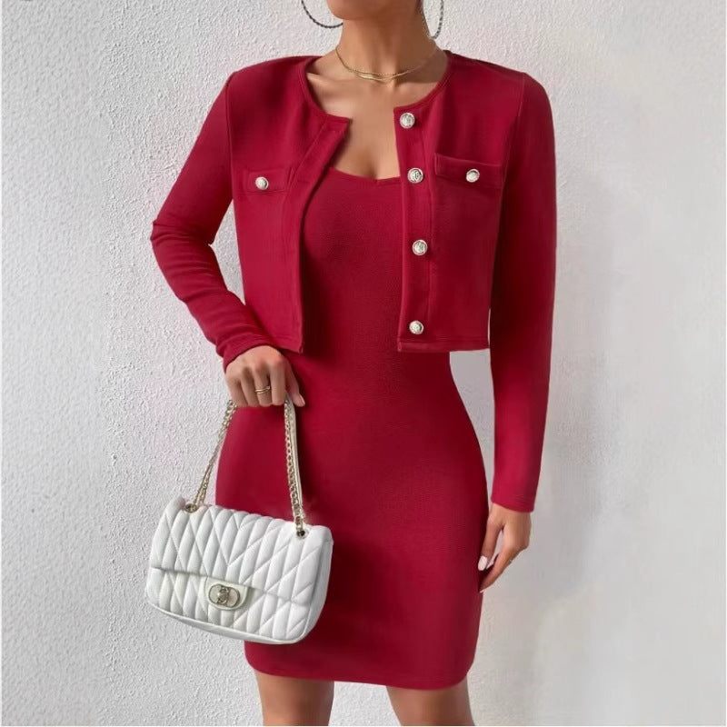 Women's elegant jumpsuit set with fitted jacket and shimmering buttons NOVAE