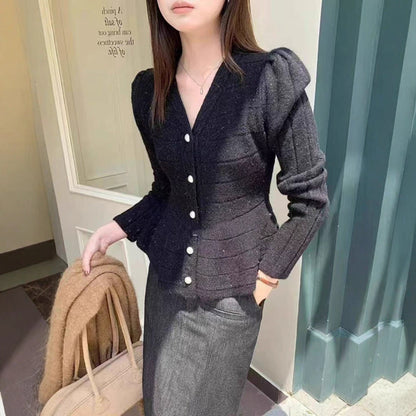 Women's elegant cardigan with structured design and feminine puff sleeves NOVAE