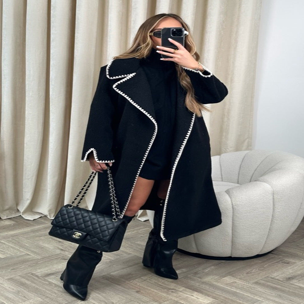 Women's elegant coat with stylish turn-down collar and contrasting decorative stitching NOVAE