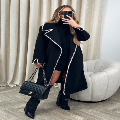 Women's elegant coat with stylish turn-down collar and contrasting decorative stitching NOVAE