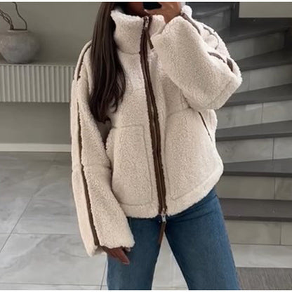 Women's cozy teddy fleece jacket with high collar and comfortable cut NOVAE