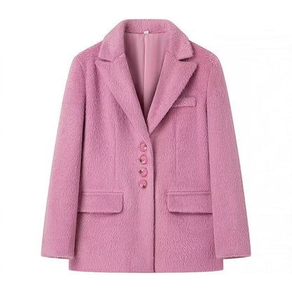 Women's elegant blazer jacket with soft fur and decorative button details NOVAE