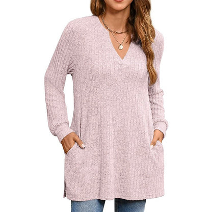 Women's Loose Knit Tunic with Side Pockets and V-Neck NOVAE