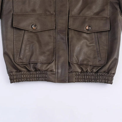 Women's elegant leather jacket with detachable faux fur collar and practical pockets NOVAE