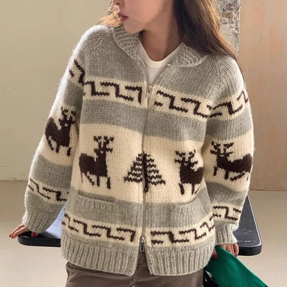 Women's Cozy Zip Cardigan with Festive Motif NOVAE
