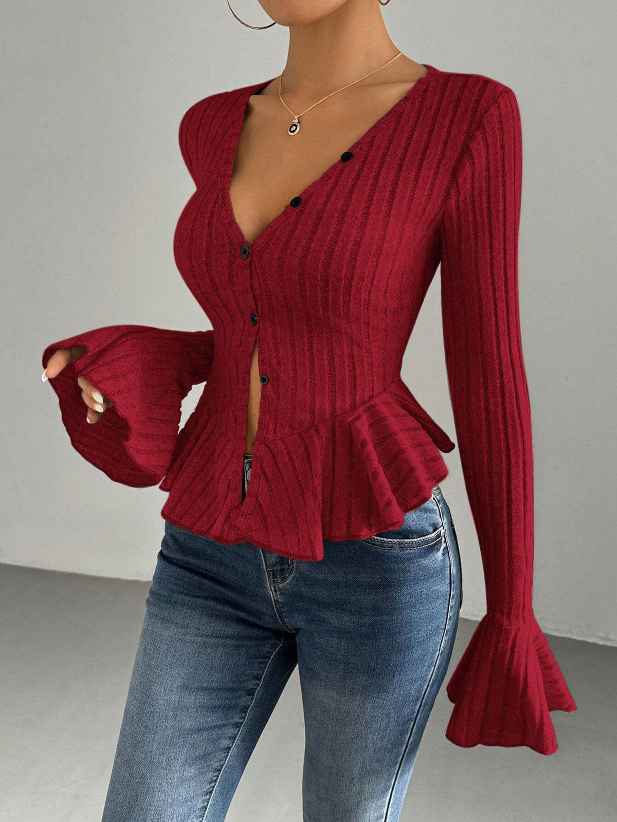 Women's knitted top with sophisticated box pleat design and button placket NOVAE