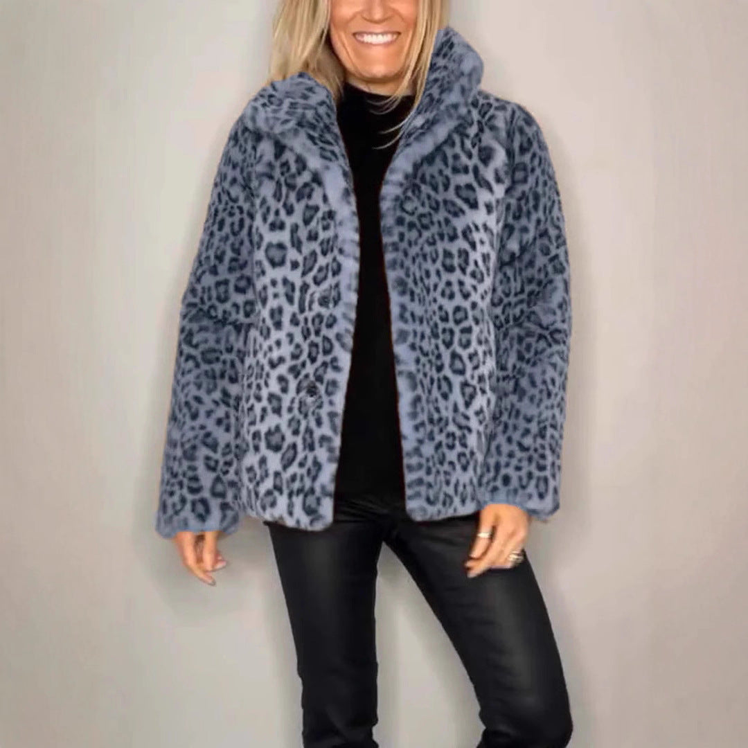 Women's Fluffy Leopard Print Jacket with High Collar NOVAE