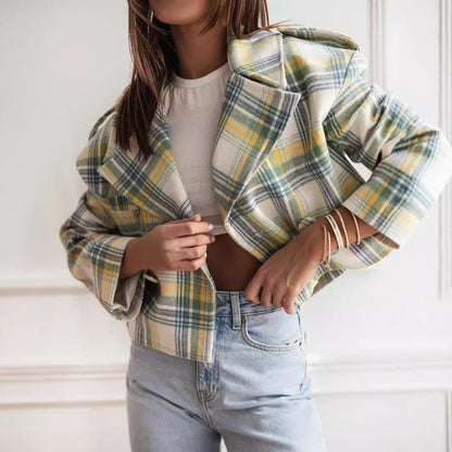 Women's short jacket with checkered pattern and soft fleece NOVAE