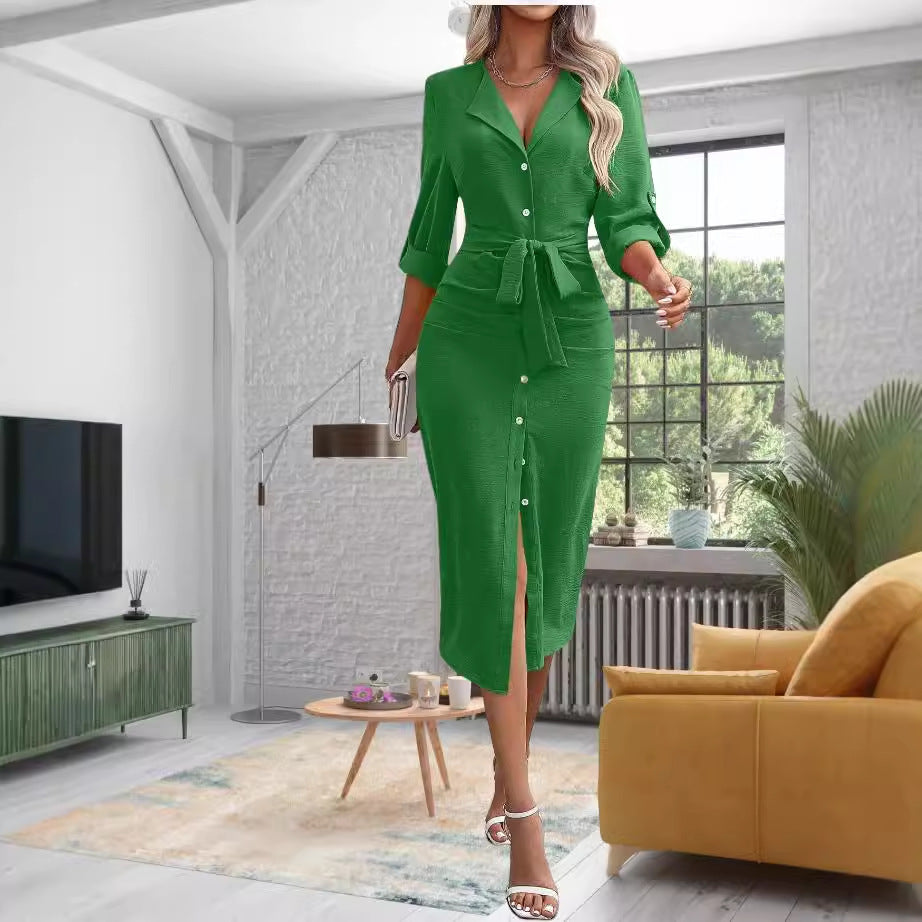 Women's knee-length dress with button closure and waist belt NOVAE