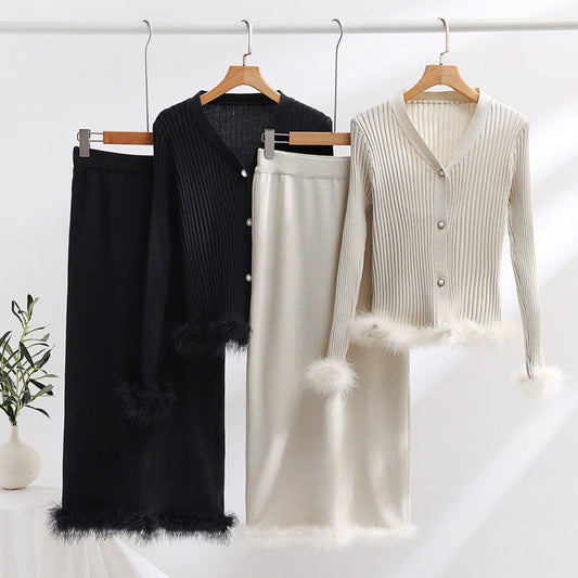 Women's knit ensemble with fine fur trim NOVAE