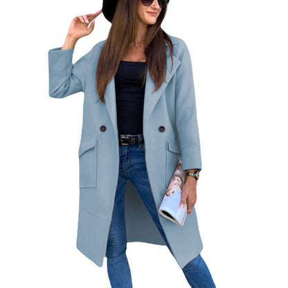 Women's elegant and versatile long jacket with practical pockets and button details NOVAE