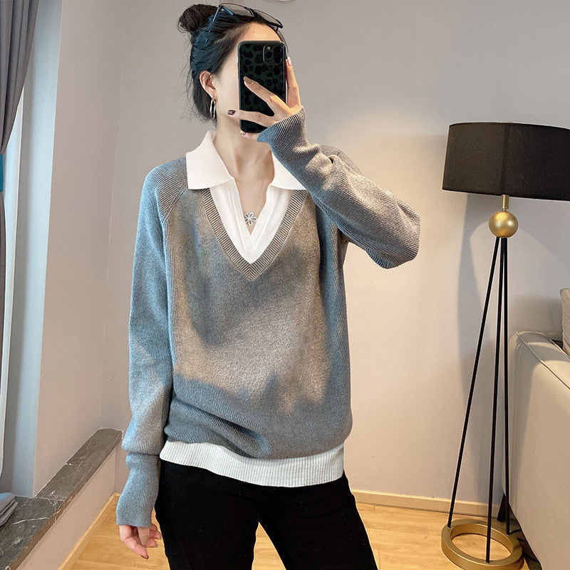 Women's V-neck layered sweater with collar NOVAE