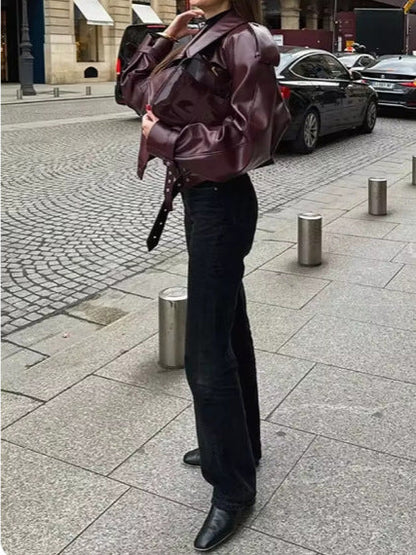 Women's Trendy Oversized Leather Jacket with Structured Shoulder Pads and Waist Belt NOVAE