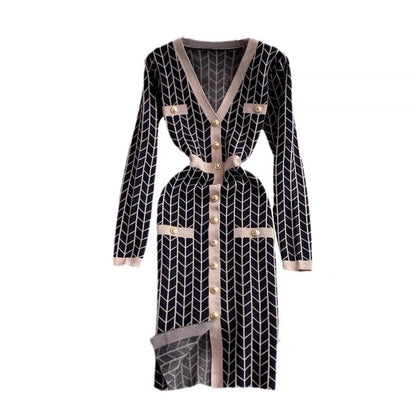 Women's knitted dress with button detailing and V-neck NOVAE