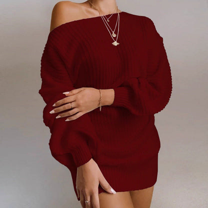 Women's knitted sweater dress with off-shoulder neckline and voluminous sleeves NOVAE