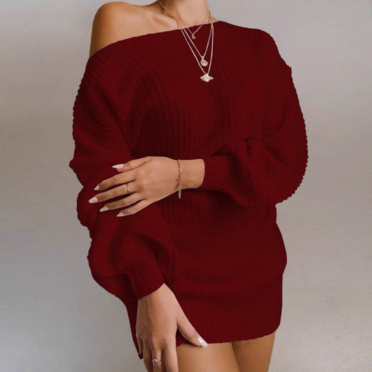 Women's knitted sweater dress with off-shoulder neckline and voluminous sleeves NOVAE