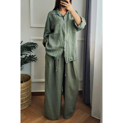 Women's linen set with wide-leg trousers and casual blouse NOVAE